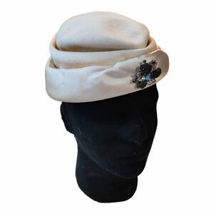 Vintage Pill Box Hat Sharon Originals Satin Wool Womens Lava Rock Glass Brooch